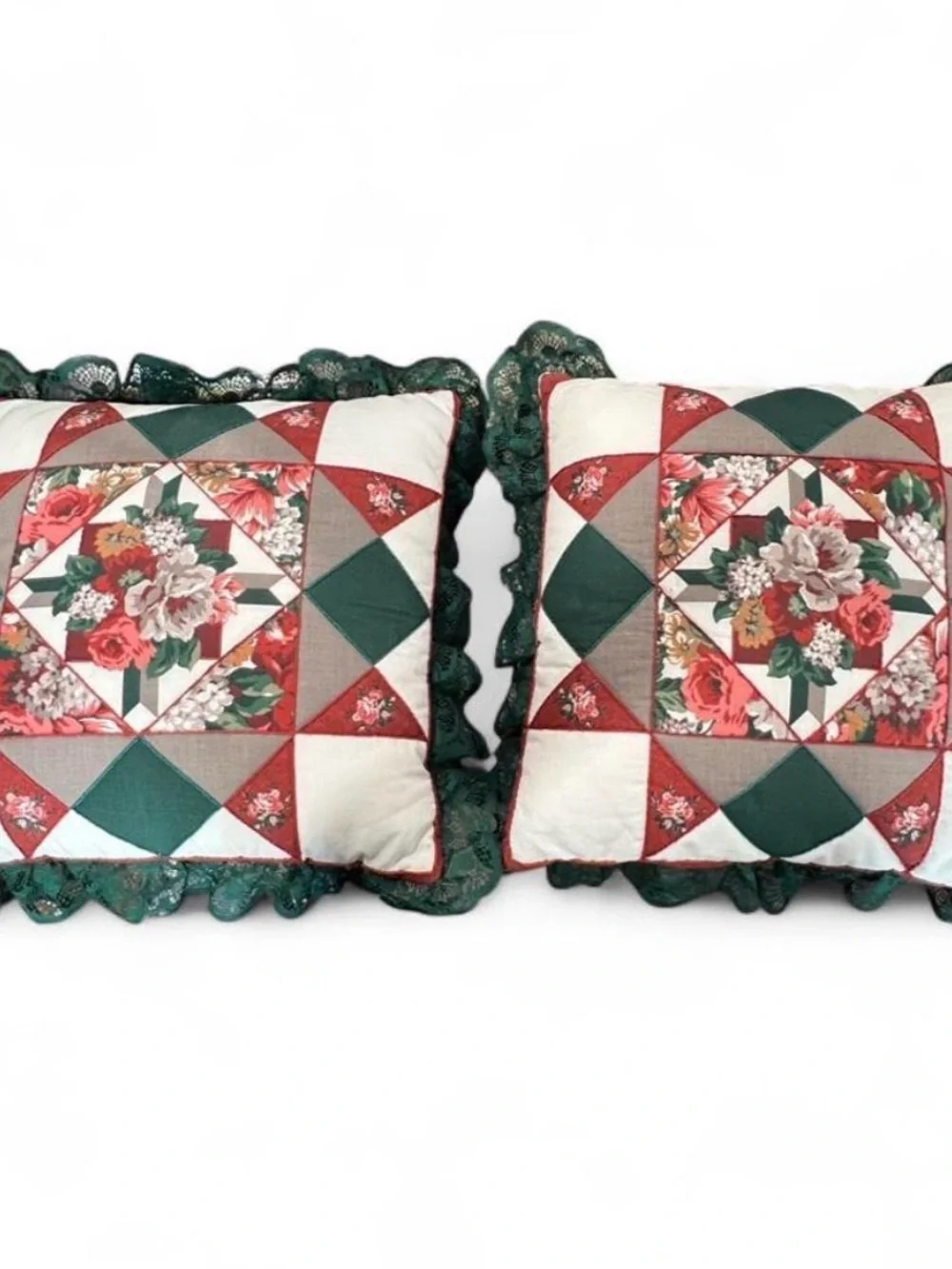 Patchwork Floral Throw Pillow Pair - Green and Red